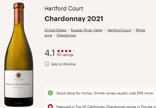 Hartford Court 2021 Russian River Chardonnay   Hartford 2021 Chard Vivino 