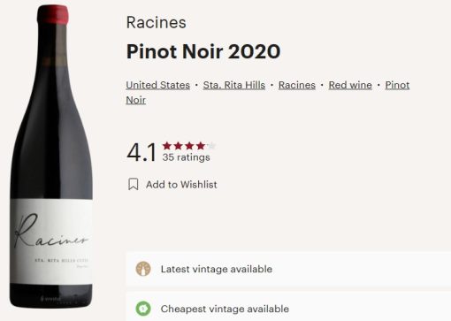 Racines 2020 Pinot Noir Santa Rita Hills Cuvee